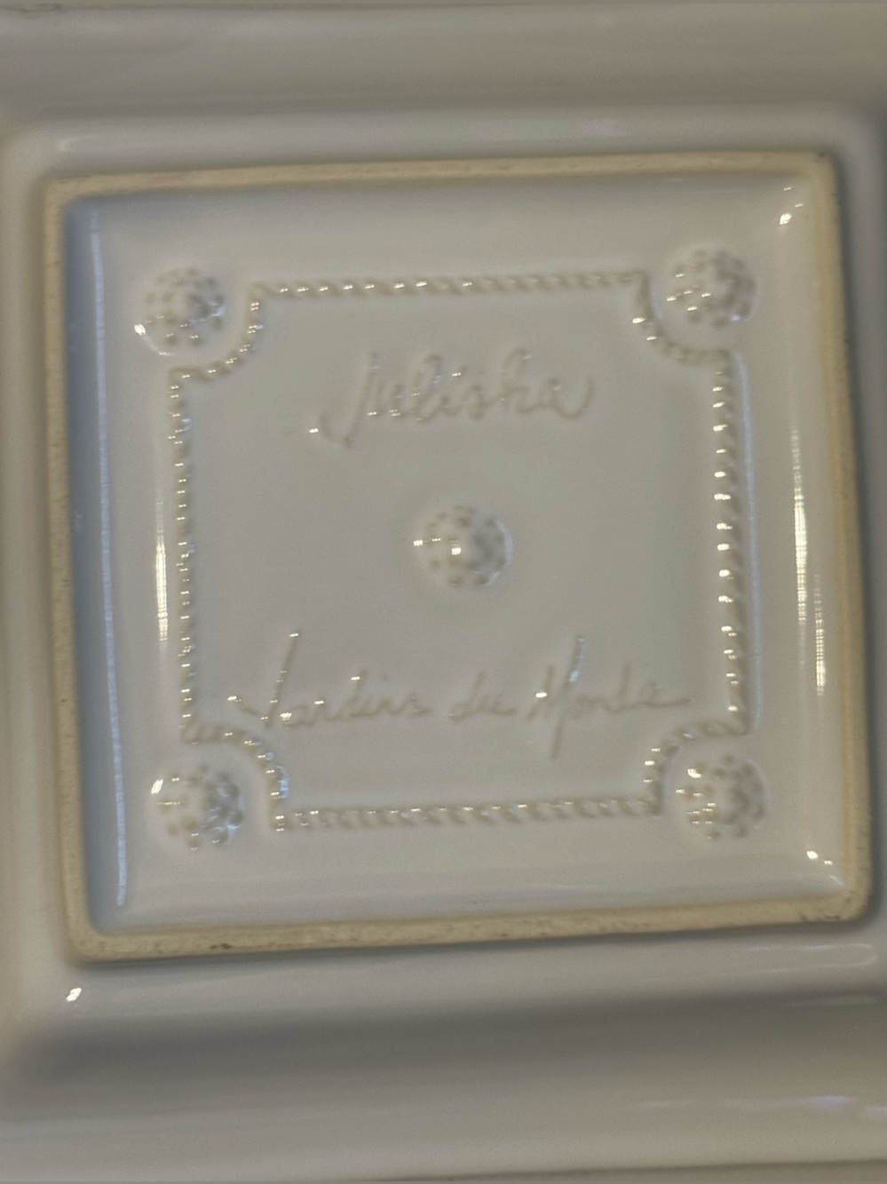 Juliska Cream Ceramic Square Dish with Embossed Floral Rope Motif - Picture 2 of 5